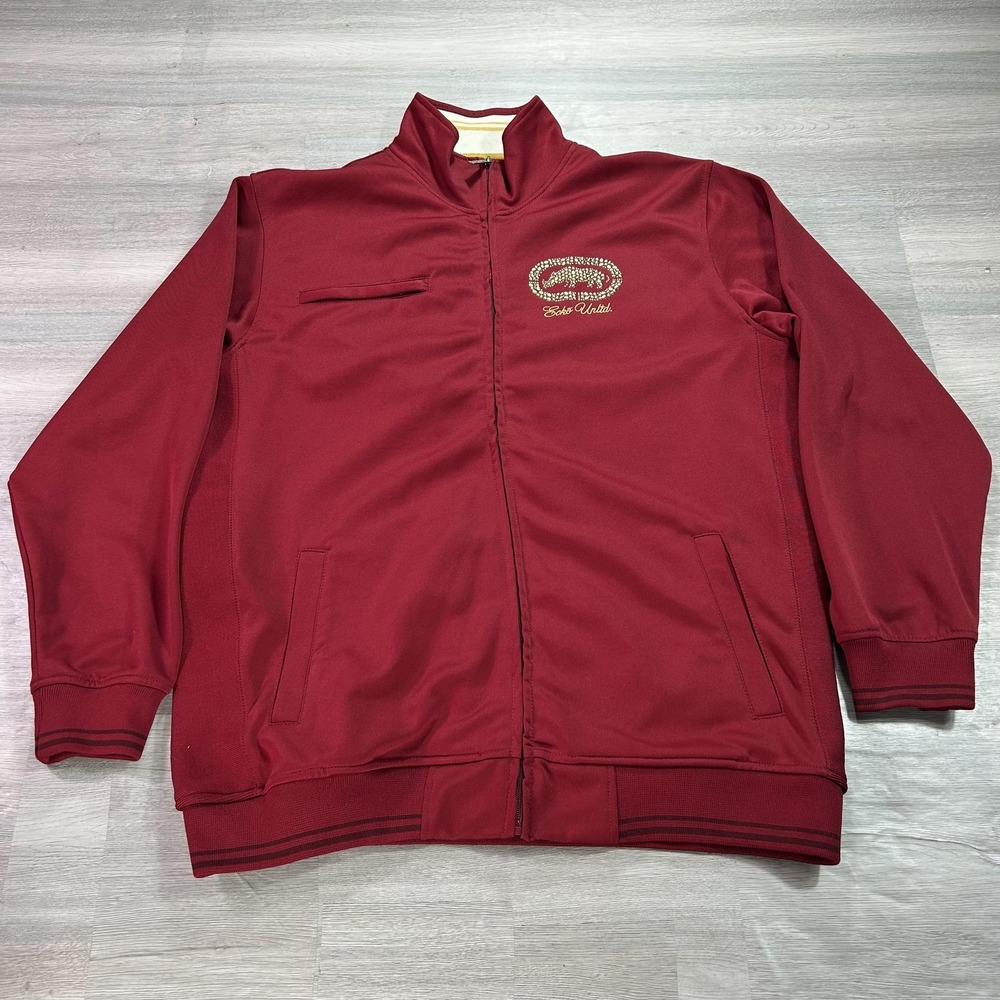 Ecko Unltd Track Jacket Mens XL Red‎ Full Zip Stand Collar Studded Logo Athletic